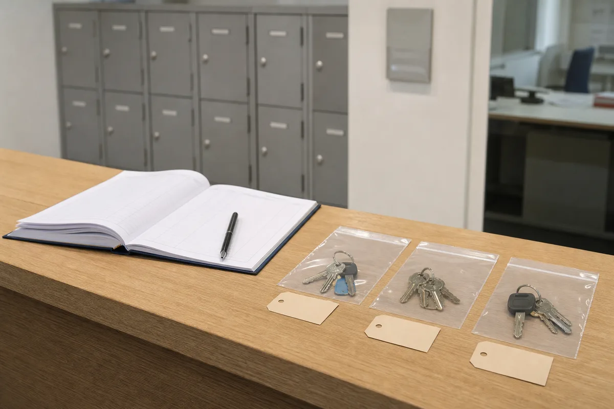Comptoir d&rsquo;un service d&rsquo;objets trouvés municipal avec registre ouvert et trousseaux étiquetés