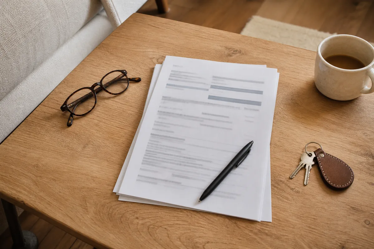 Documents d&rsquo;assurance habitation posés sur une table avec un trousseau de clés neuf