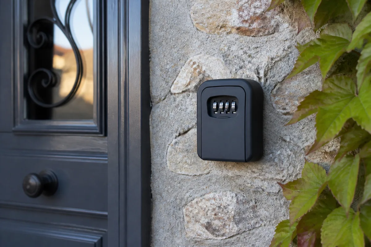 Boîte à clés sécurisée à code fixée sur un mur extérieur en pierre
