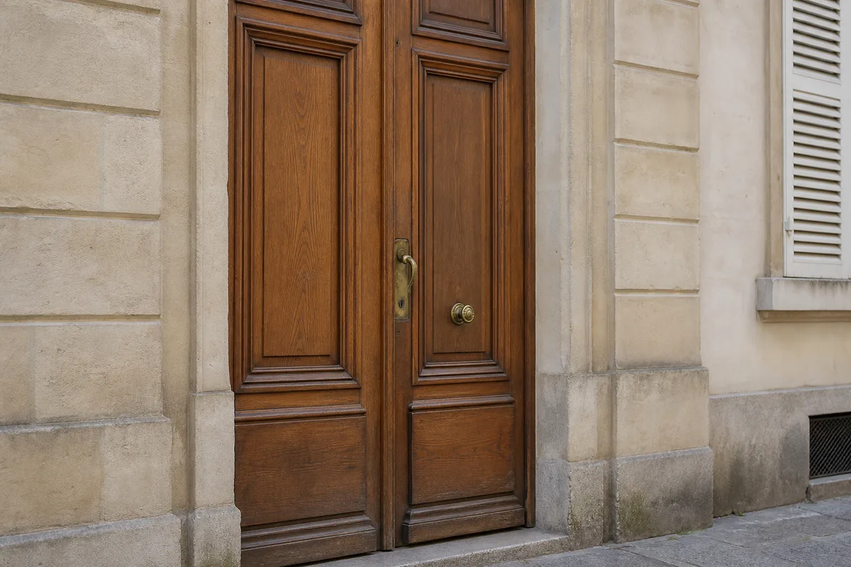Porte d’entrée en bois d’un immeuble ancien de Versailles avec serrure encastrée