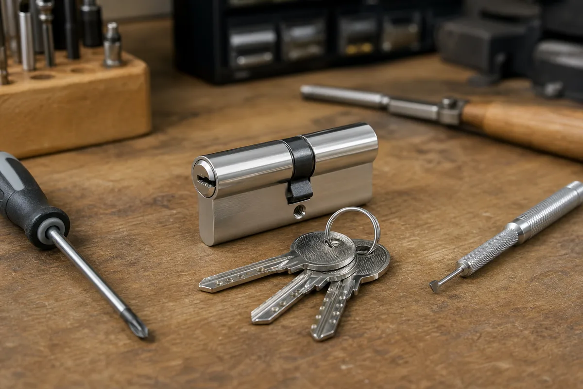 Cylindre européen neuf posé sur un établi à côté d’outils de serrurier