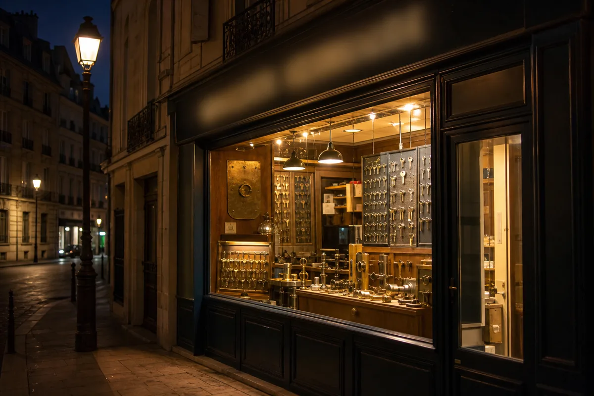 Façade de serrurerie éclairée de nuit dans une rue de Versailles