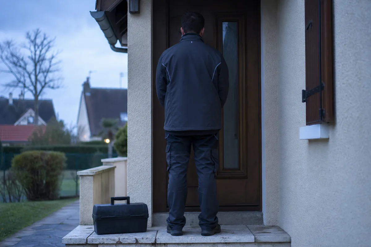 Artisan de dos intervenant sur la porte d’un pavillon au petit matin