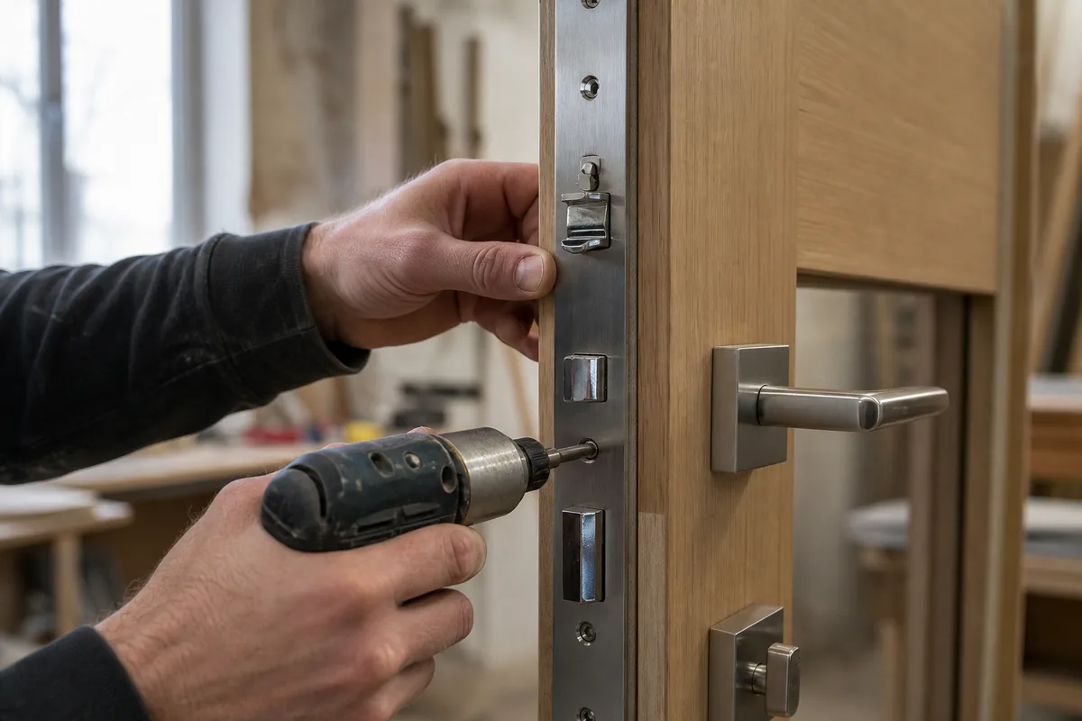 Serrurier resserrant une serrure multipoints sur une porte en bois, mains au premier plan