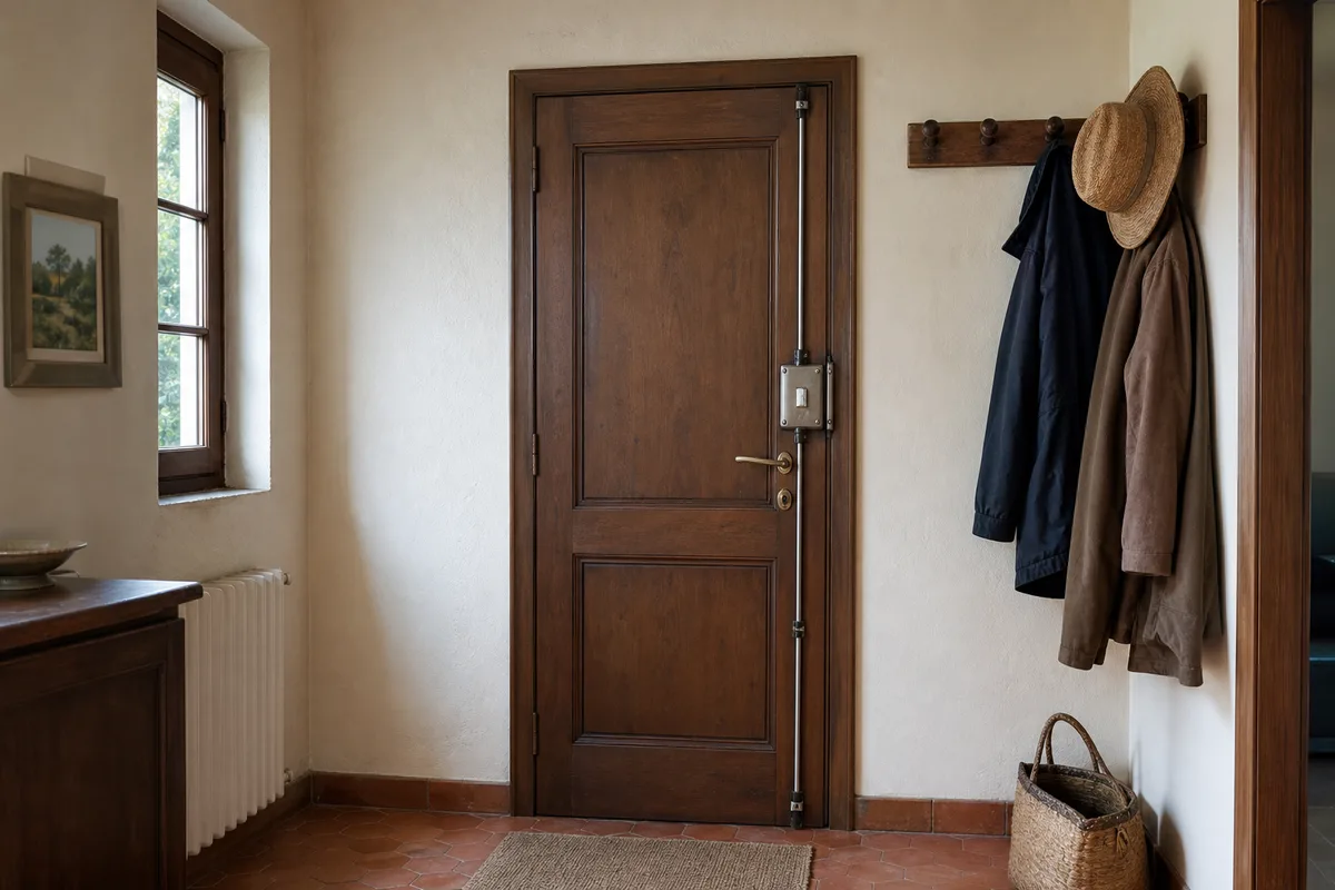 Porte d&rsquo;entrée de pavillon francilien avec serrure trois points en applique