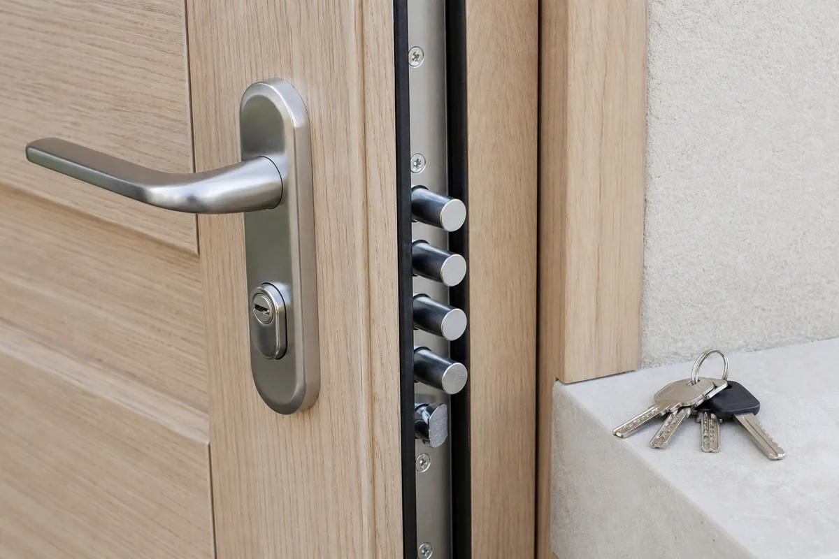 Serrure multipoints neuve installée sur la porte d&rsquo;entrée d&rsquo;un pavillon