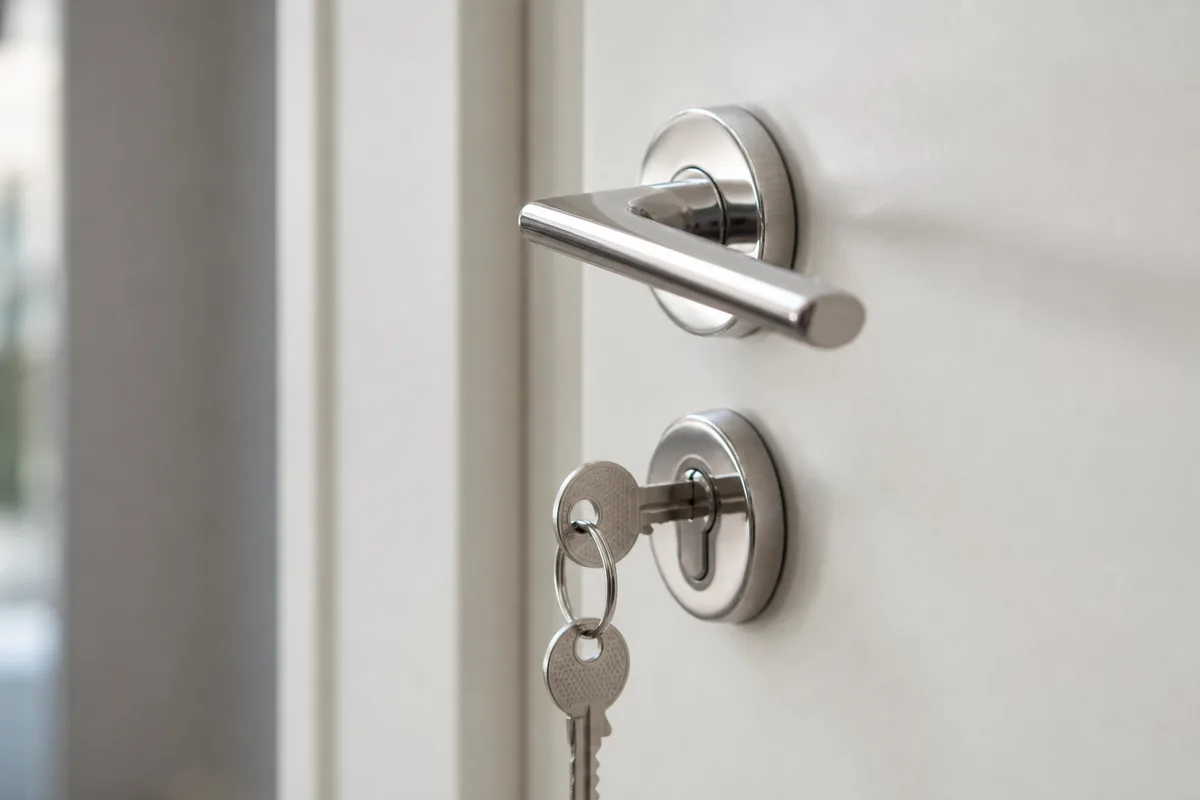 Cylindre européen et clé plate sur une porte d’appartement récente