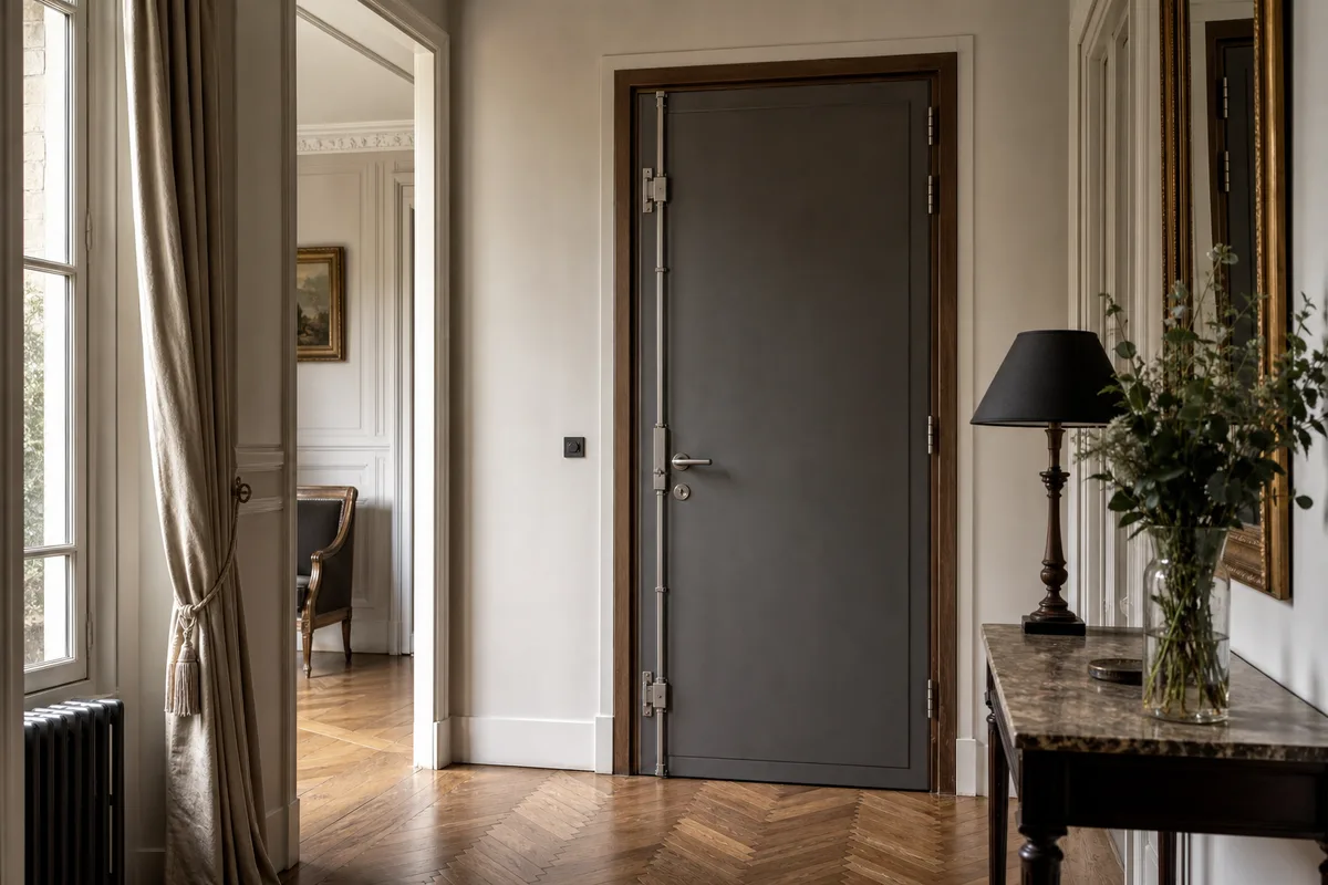 Blindage intérieur discret posé sur une porte en bois d’une villa francilienne