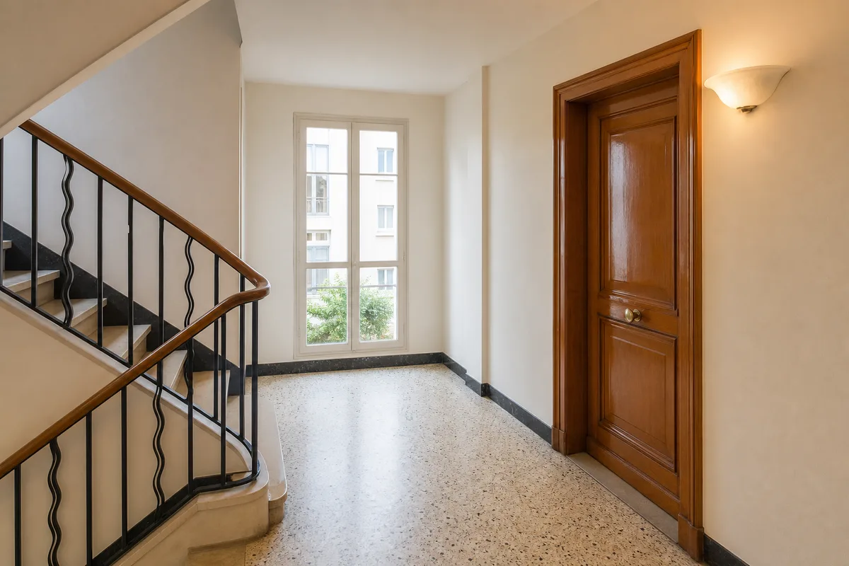 Porte palière en bois verni dans le hall d’une copropriété de Marly-le-Roi