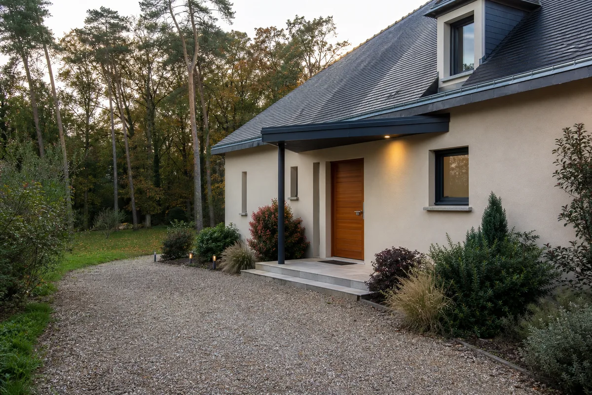 Pavillon en lisière de forêt à Rambouillet avec porte d&rsquo;entrée en bois massif