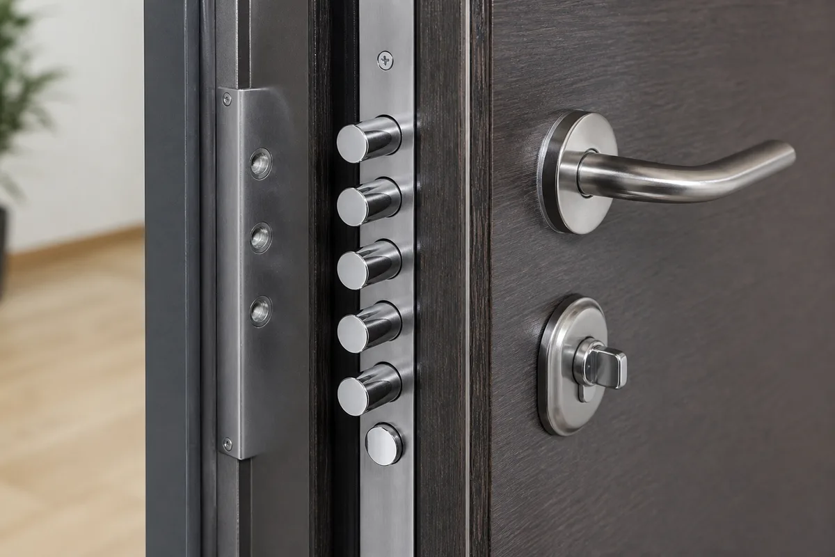 Serrure multipoints et cornière anti-pince sur une porte d&rsquo;entrée blindée
