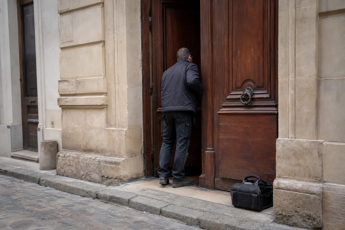 Serrurier ouvrant une porte cochère ancienne dans le centre de Versailles