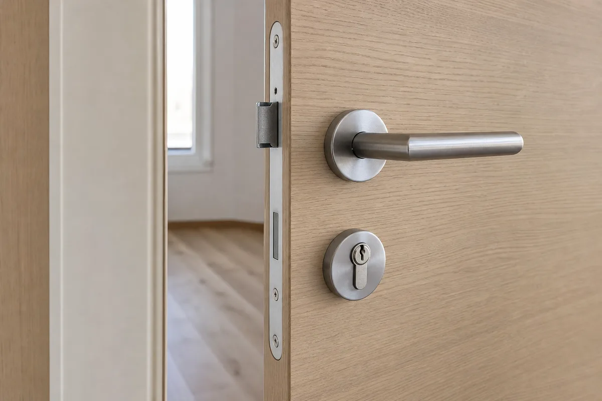 Cylindre de sécurité moderne posé sur une porte palière rénovée