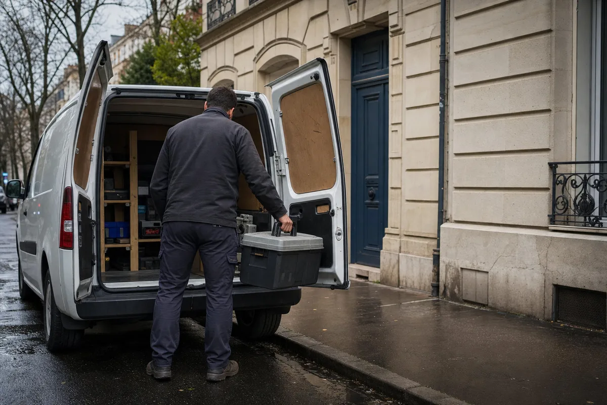 Artisan serrurier rangeant son outillage dans un fourgon devant un immeuble francilien
