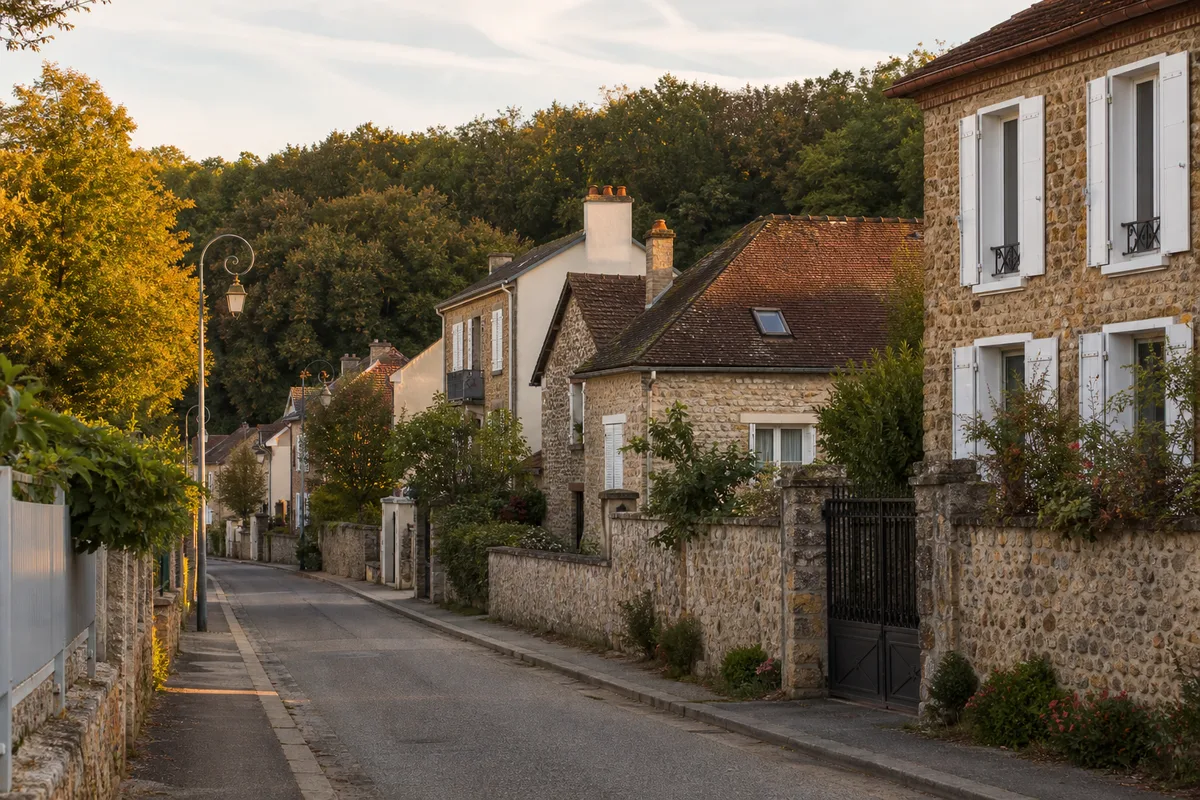 Rue bordée de maisons anciennes dans une commune des Yvelines en fin de journée