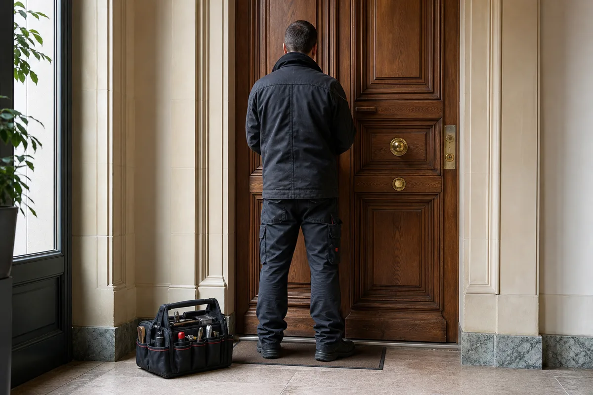 Serrurier de dos intervenant sur la serrure d&rsquo;une porte d&rsquo;entrée en bois massif
